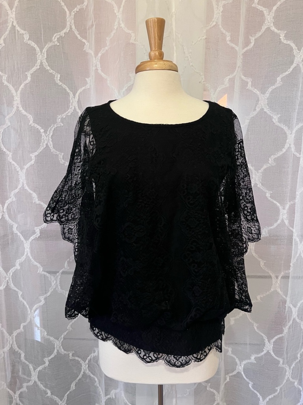 Style & Co. Black Lace Flutter-Sleeve Blouse
